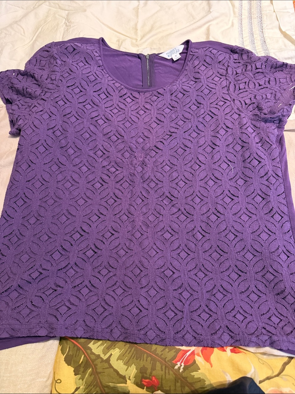 Market & Spruce Purple Geometric Lace Short Sleeve Top